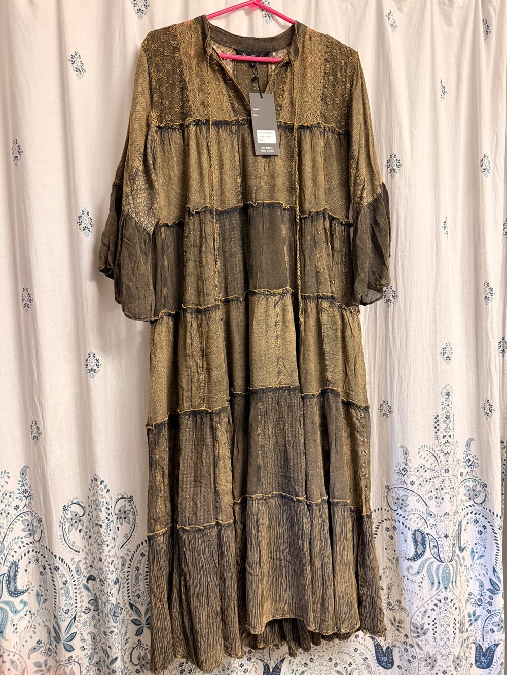 NWT Young Threads Boho Patchwork Tiered Maxi Peasant Dress Oversized Large-2XL
